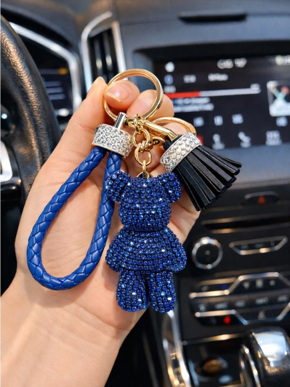 Rhinestone Bear Keychain Blue Crystal Braided Strap Tassel Bag Charm Gold Clip